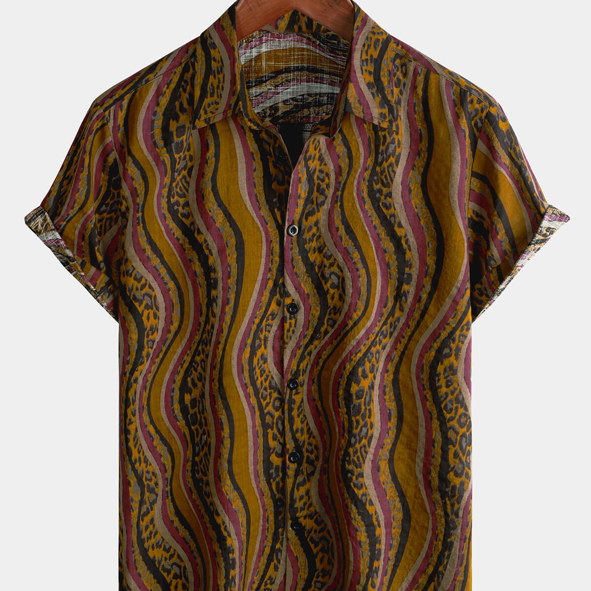 Camisa de manga corta de verano informal tropical hawaiana con botones de algodón para playa con estampado de leopardo de arte vintage para hombre