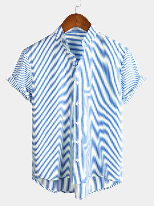 Men's Cotton  Breathable Stand Collar Short Sleeve Classic Vertical Striped Shirt &  Solid Color Short