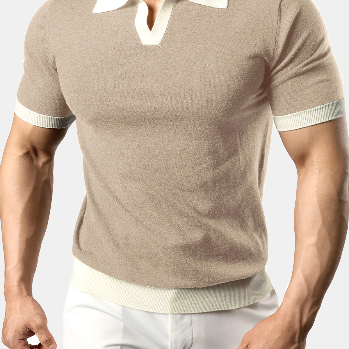Men's V Neck Knit Polo Short Sleeve Slim Fit Casual Pullover Golf Shirt