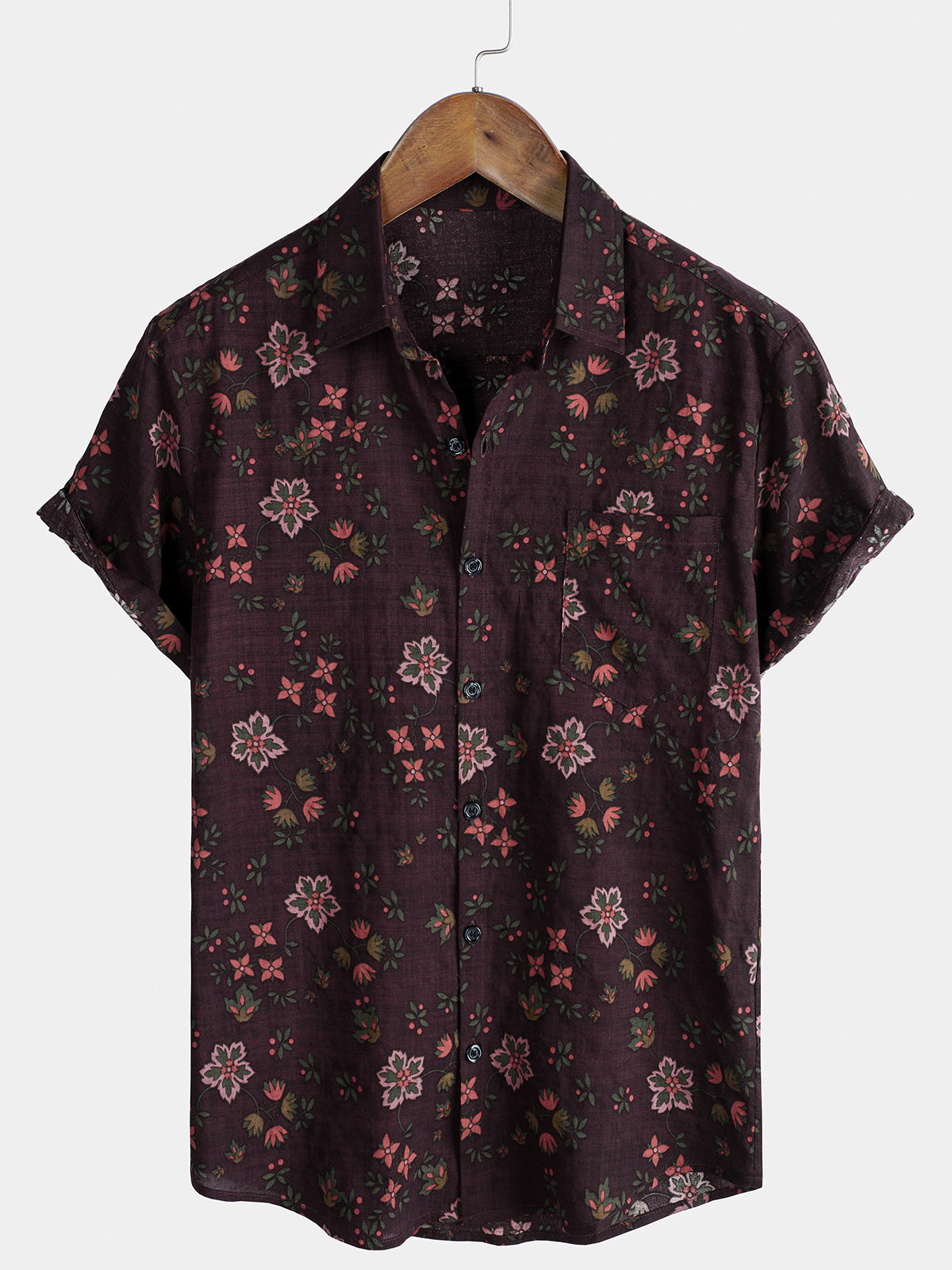 Men's Floral Print Vintage Holiday Brown Hawaiian Short Sleeve Shirt