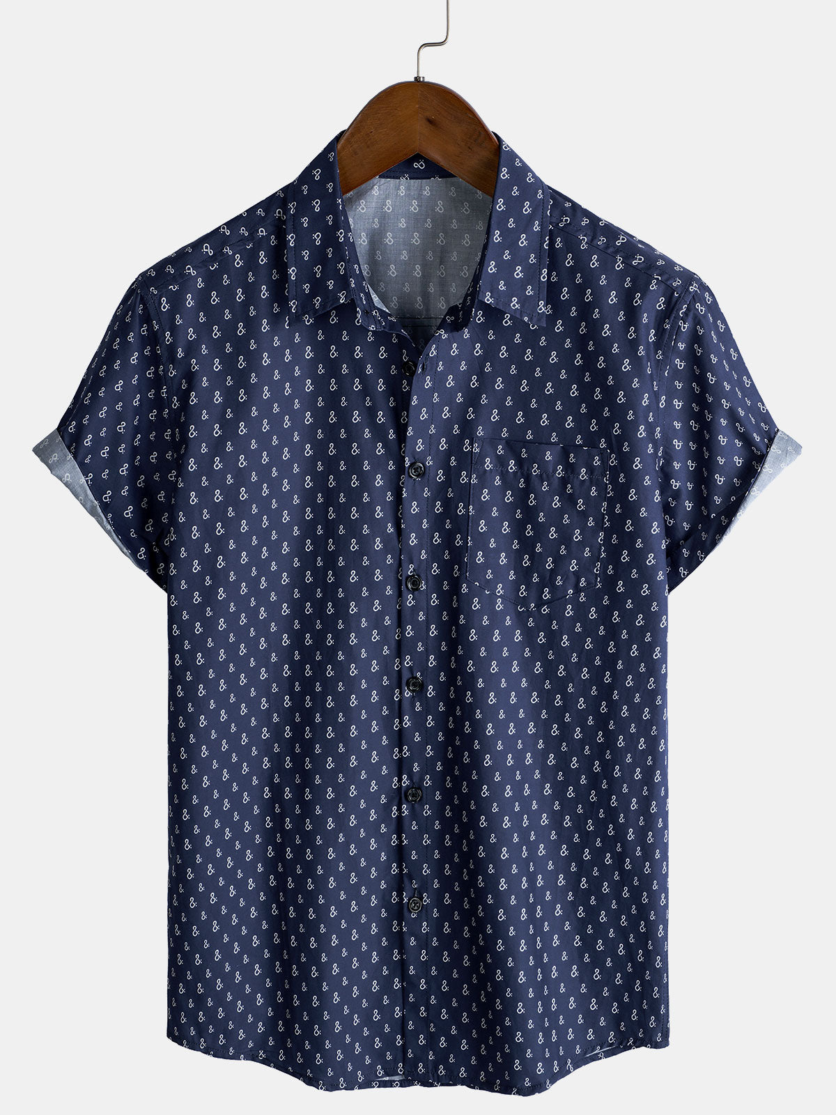 Men's Navy Blue Unique Print Summer Casual Cotton Short Sleeve Shirt