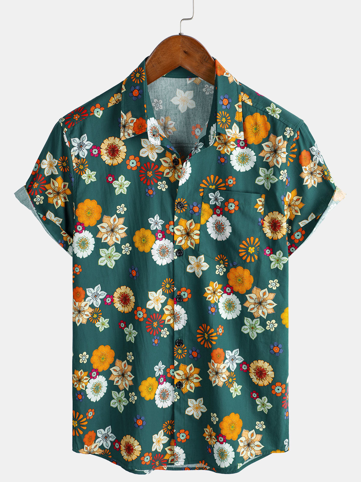 Men's Floral Print Green Hawaiian Aloha Short Sleeve Shirt