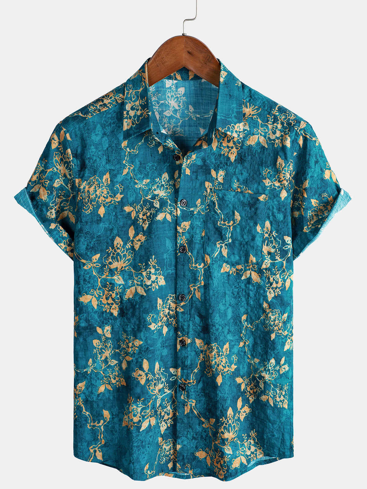 Men's Blue Floral Print Breathable Summer Short Sleeve Hawaiian Shirt