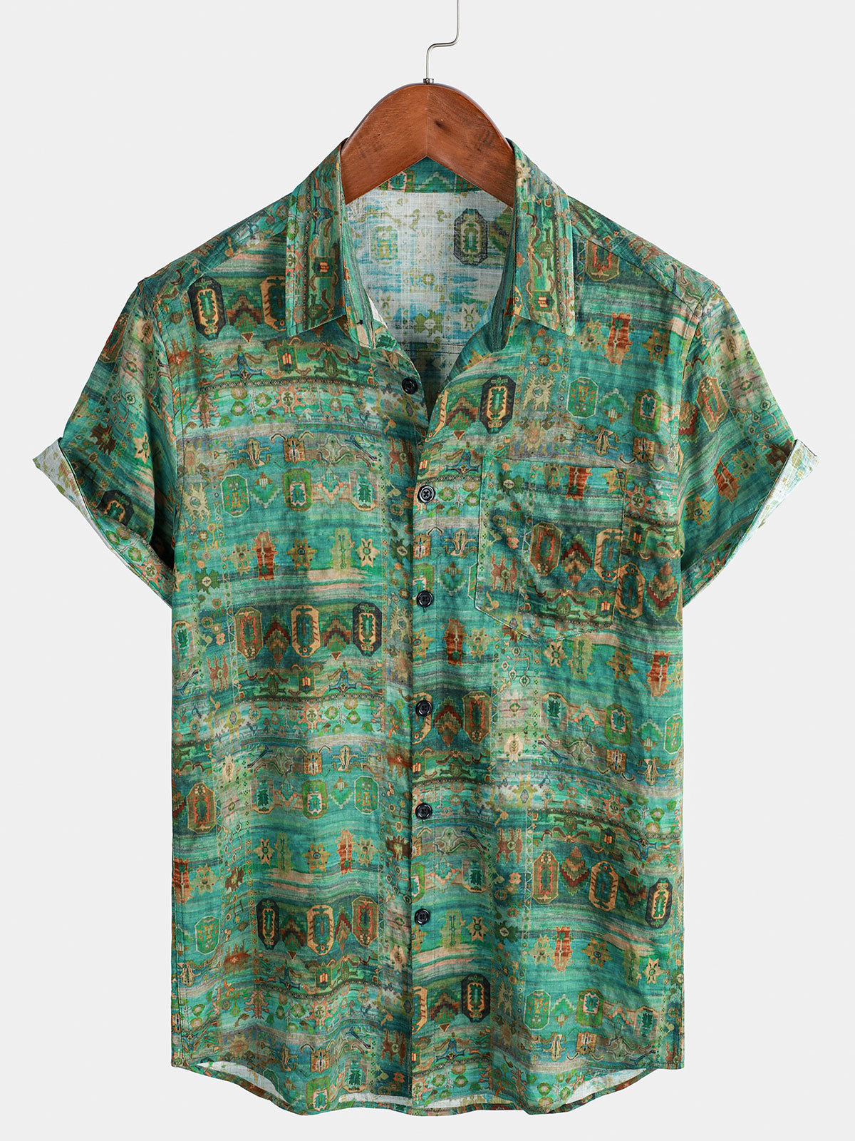 Men's Green Vintage Short Sleeve Breathable Button Up Shirt