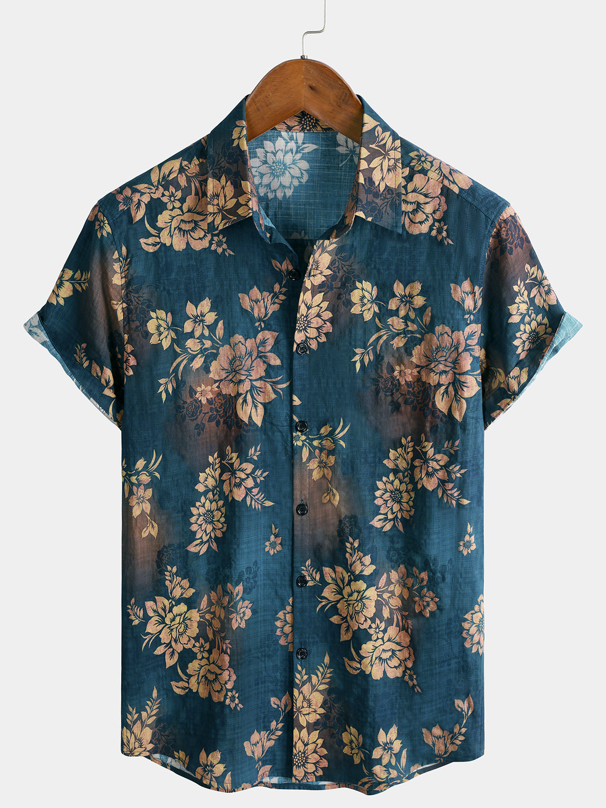 Men's Blue Casual Floral Summer Beach Short Sleeve Shirt