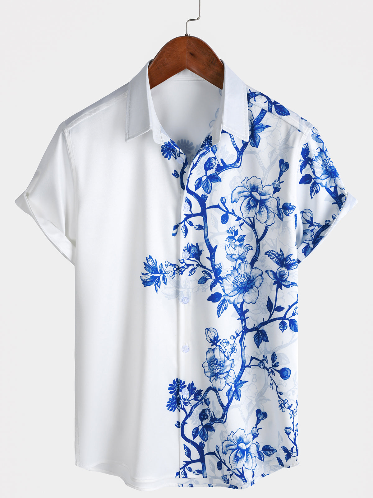 Men's Blue Floral Print Summer Beach Cruise Hawaiian Short Sleeve Shirt