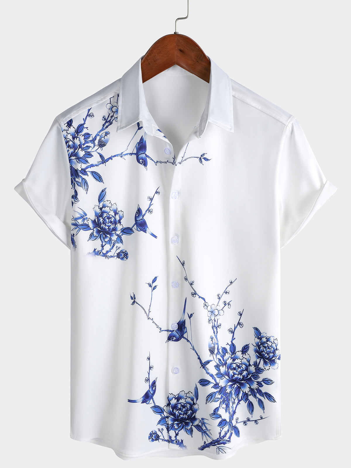 Men's Blue Floral Print Summer Hawaiian Holiday Short Sleeve Shirt