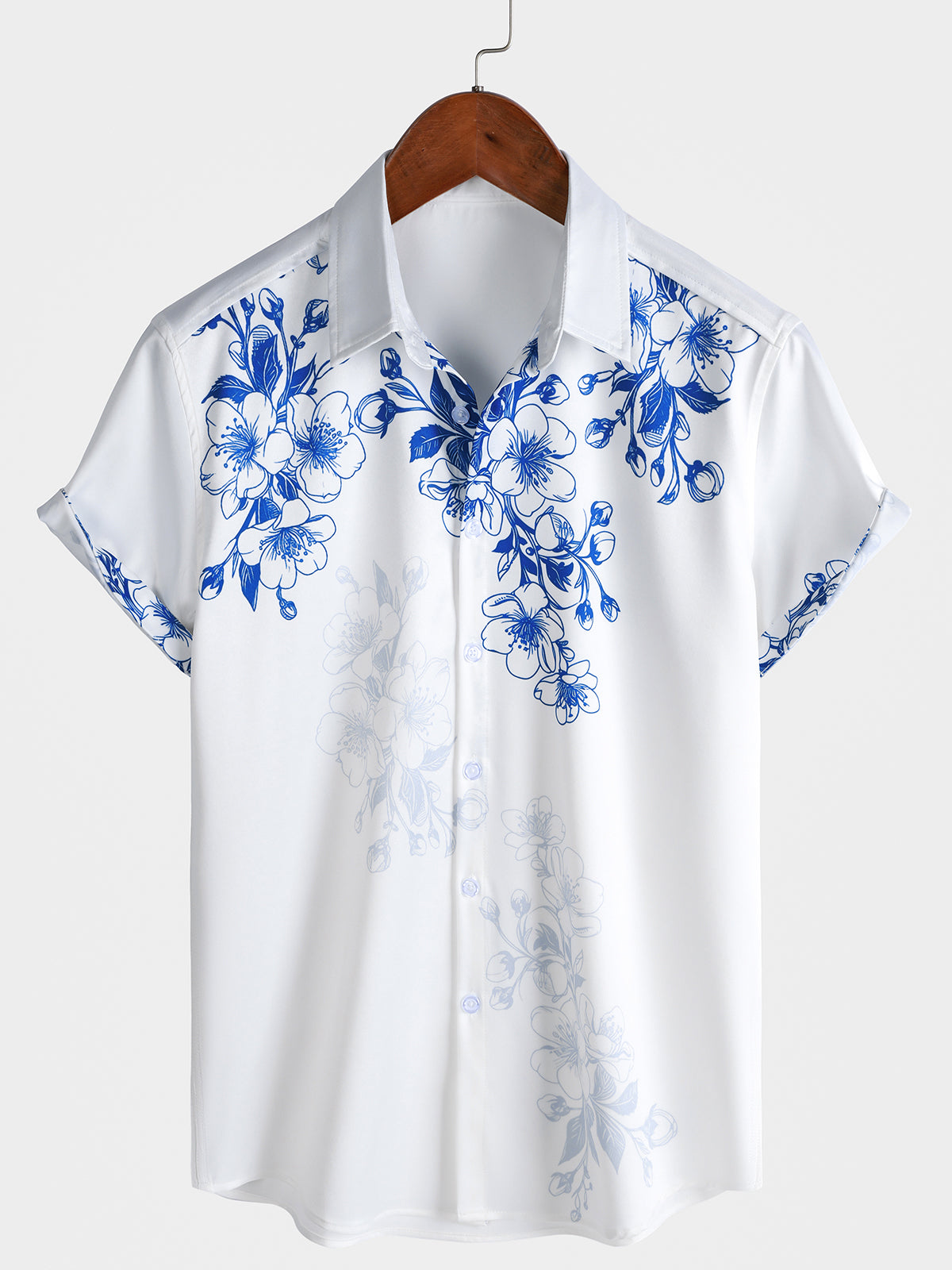 Men's Blue Floral Print Short Sleeve Cruise Party Hawaiian Shirt