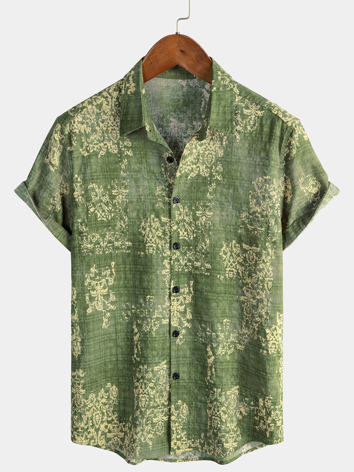 Men's Green Vintage Short Sleeve Beach Summer Button Up Shirt