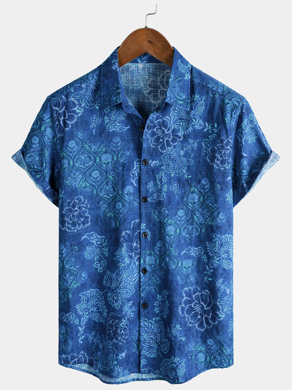 Men's Blue Floral Print Breathable Hawaiian Short Sleeve Shirt