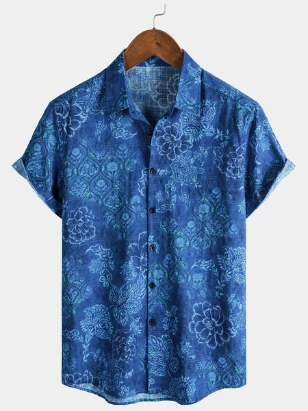Men's Blue Floral Print Breathable Hawaiian Short Sleeve Shirt