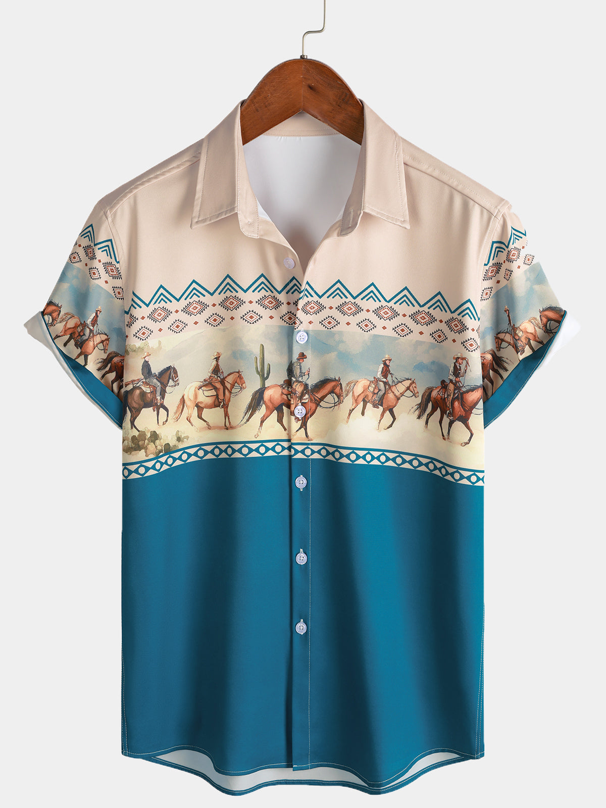 Men's Western Horse Print Cowboy Equestrian Retro Short Sleeve Shirt