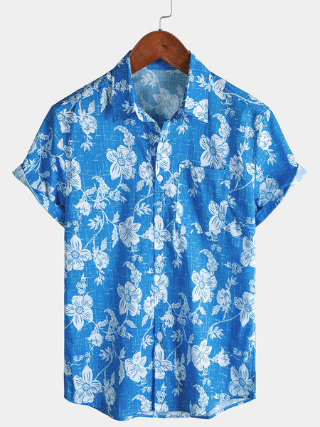 Men's Blue Floral Vintage Hawaiian Short Sleeve Tropical Shirt