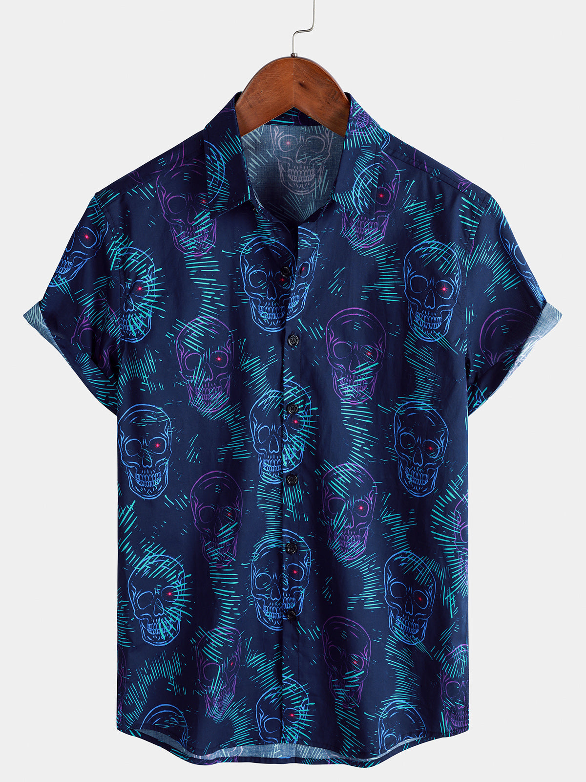 Men's Skull Punk Rock and Roll Cool Blue Hawaiian Short Sleeve Shirt