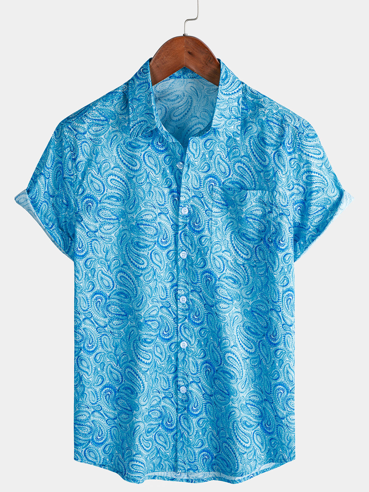 Men’s Light Blue Paisley Short Sleeve Button Down Casual Summer Beach Shirt