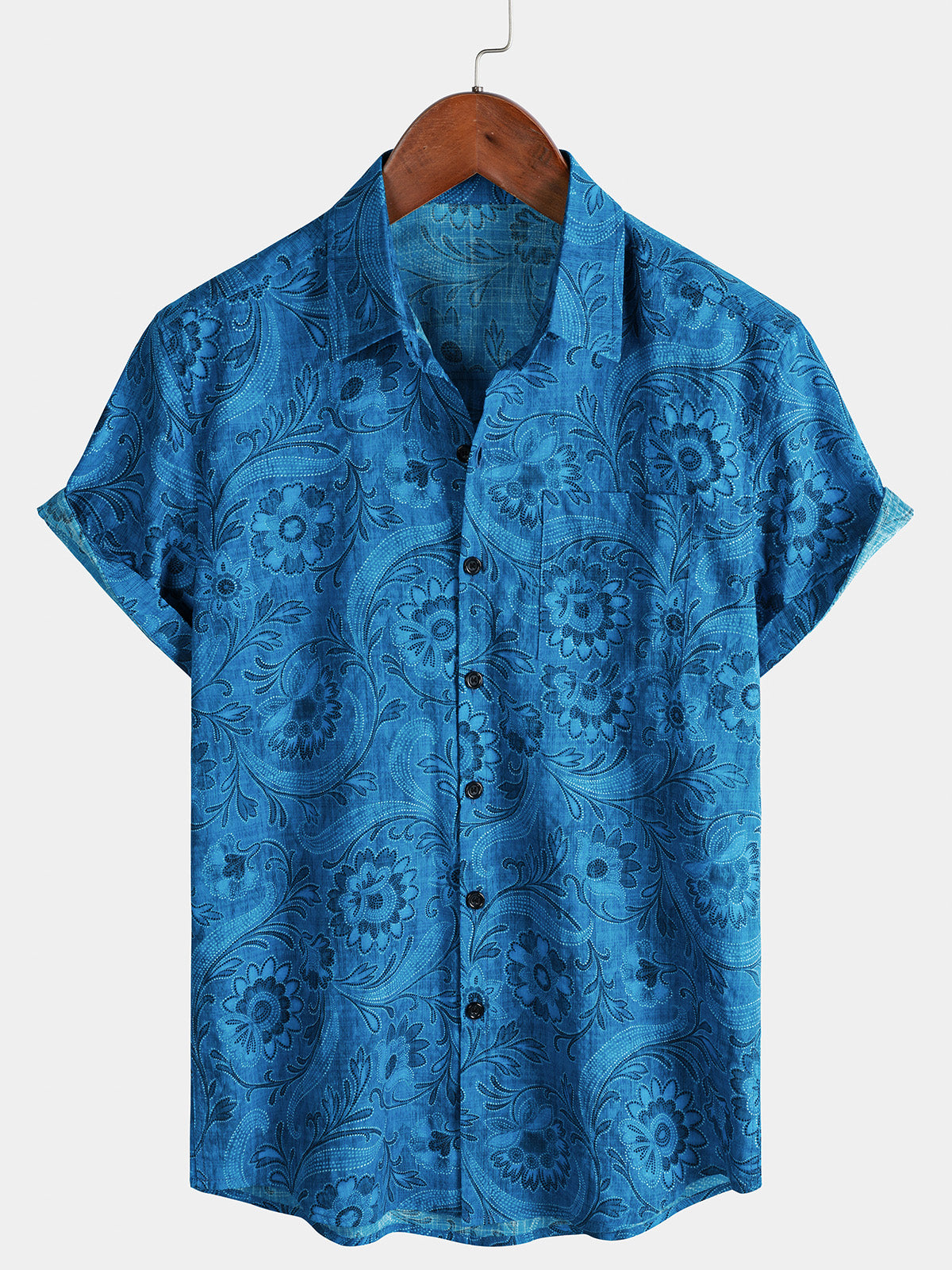 Men’s Breathable Blue Floral Print Short Sleeve Cool Holiday Shirt