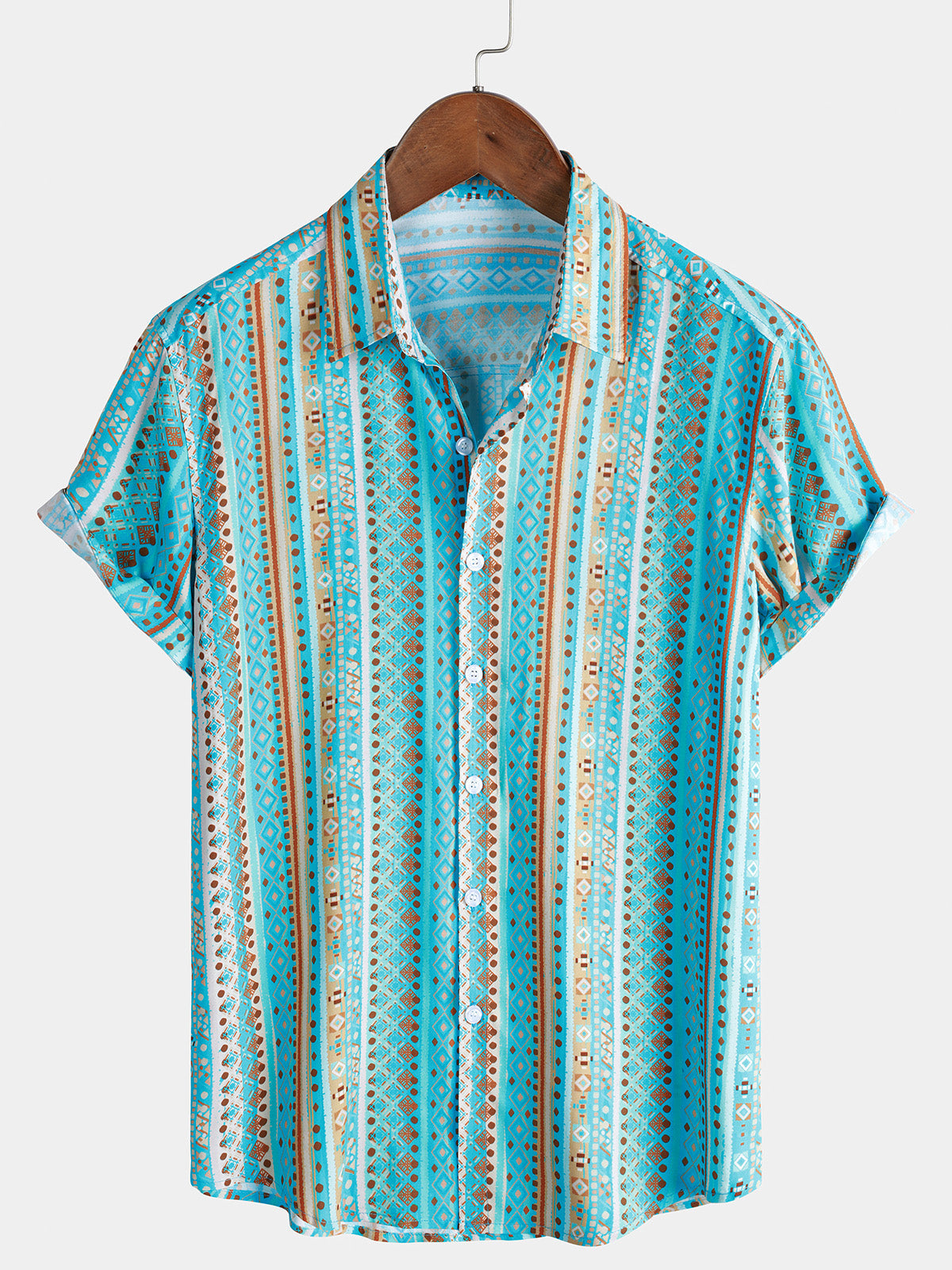 Men’s Vintage Geometric Stripe Short Sleeve Button Down Breathable Casual Shirt