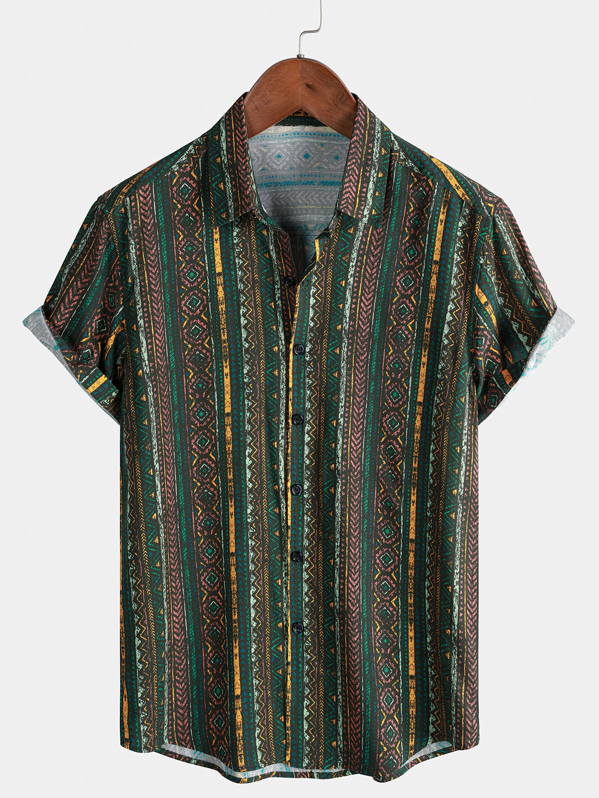 Men’s Green Vintage Stripe Short Sleeve Button Breathable Casual Shirt