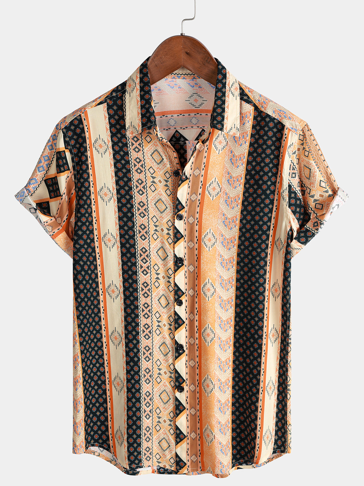 Men’s Vintage Bohemian Stripe Short Sleeve Lightweight Vacation Shirt