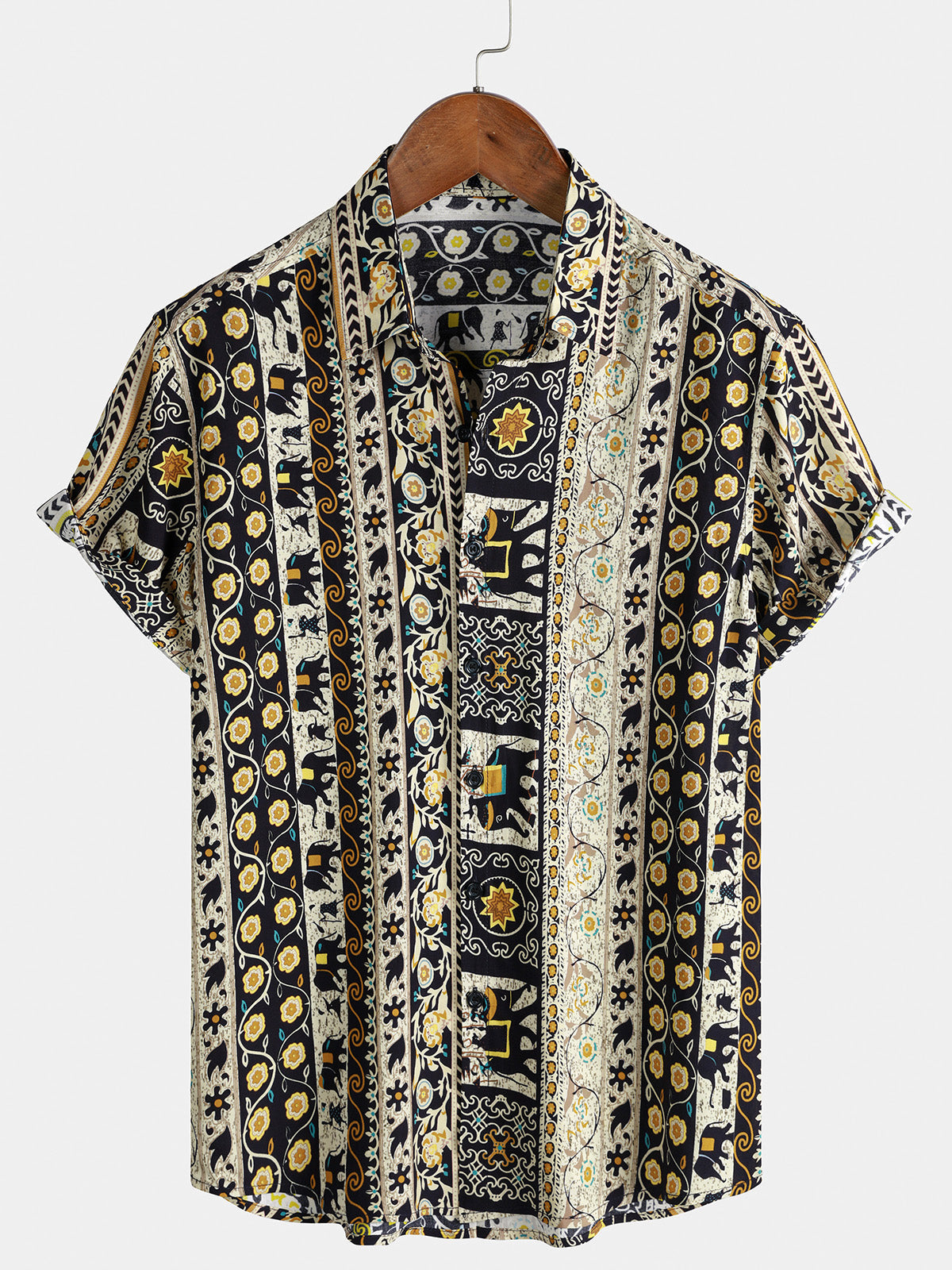 Men’s Vintage Tribal Stripe Short Sleeve Button Up Casual Beach Shirt