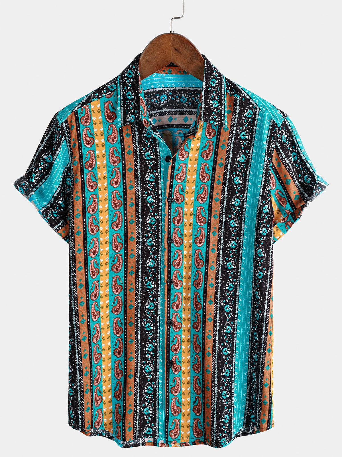 Men’s Vintage Paisley Stripe Short Sleeve Button Down Breathable Casual Shirt