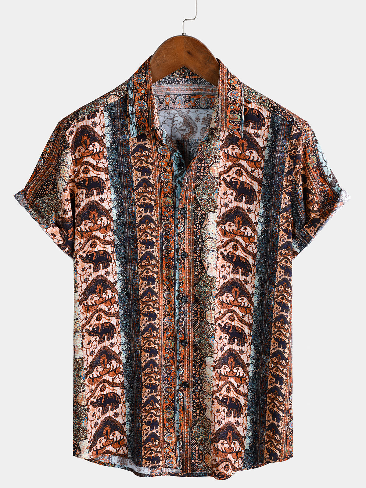 Men’s Vintage Boho Elephant Stripe Short Sleeve Beach Vacation Shirt