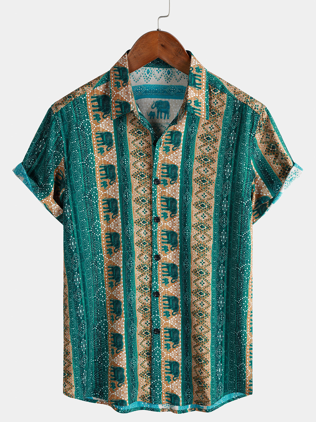 Men’s Vintage Boho Elephant Pattern Short Sleeve Beach Vacation Resort Shirt