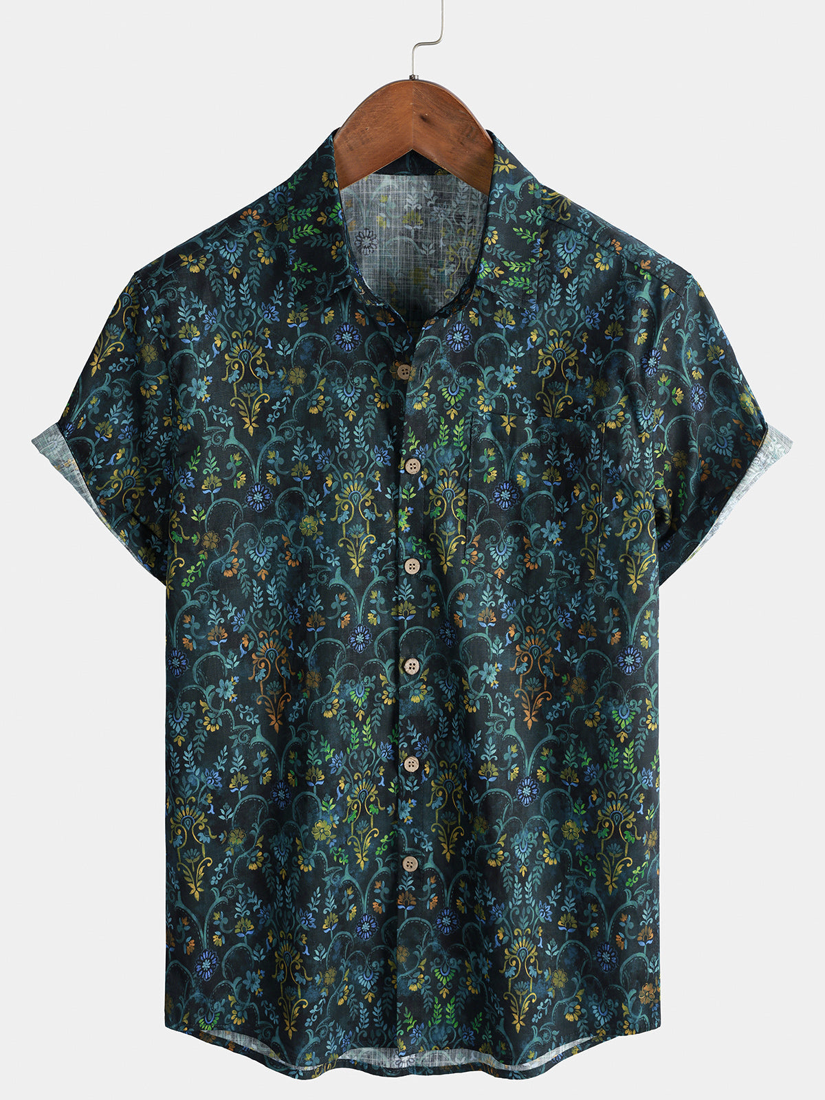 Men’s Vintage Botanical Printed Breathable Casual Holiday Cotton Short Sleeve Shirt