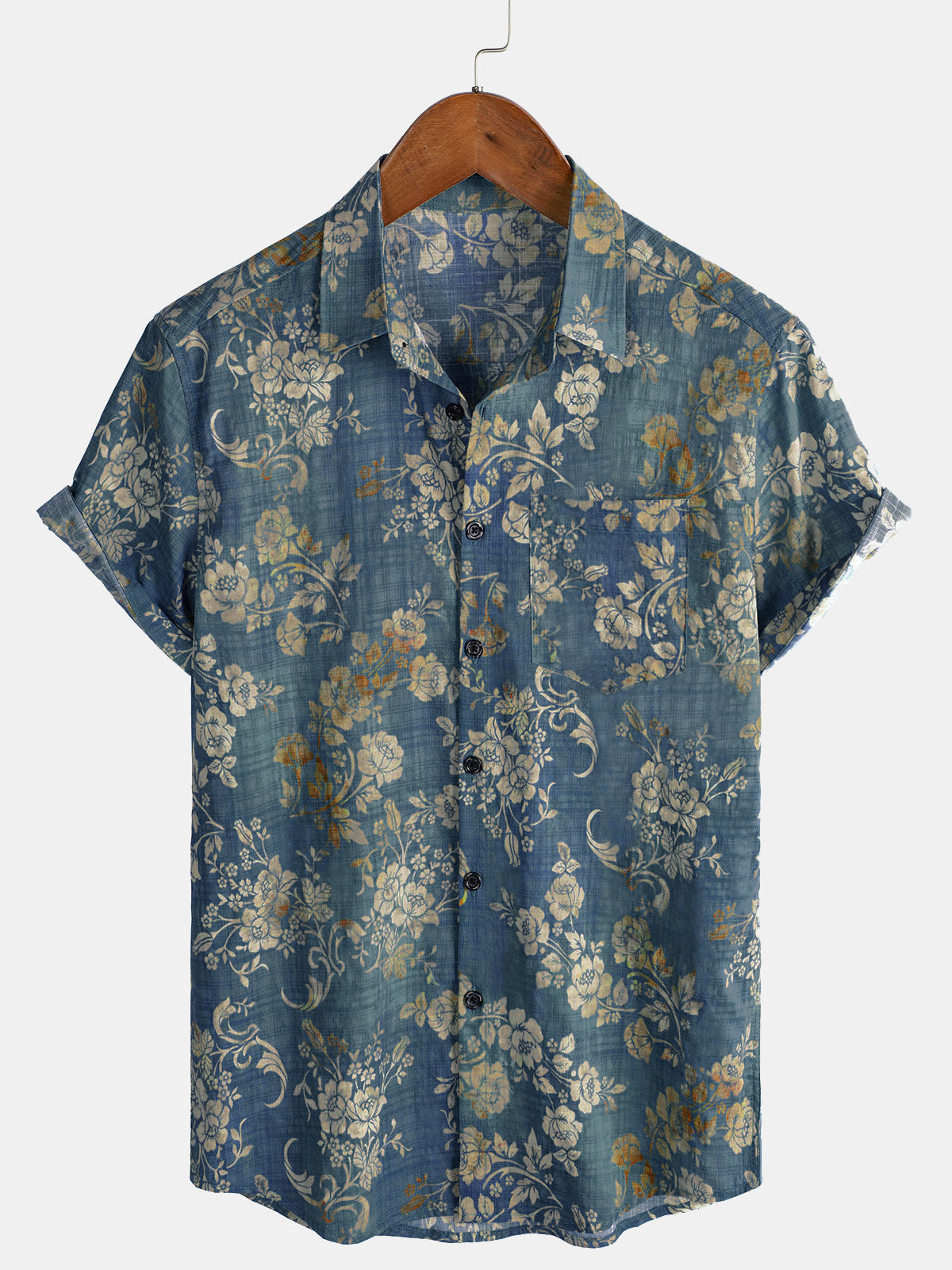Men’s Vintage Floral Print Casual Cotton Short Sleeve Shirt