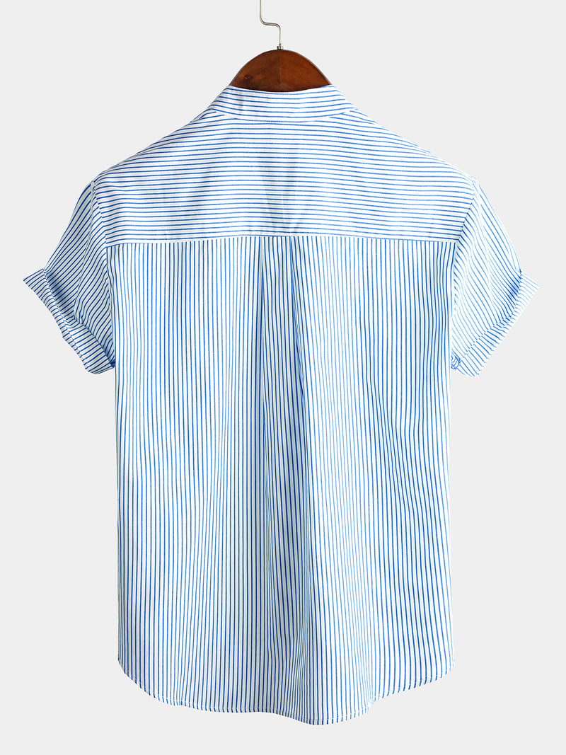 Men's Cotton  Breathable Stand Collar Short Sleeve Classic Vertical Striped Shirt &  Solid Color Short