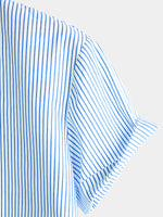 Men's Cotton  Breathable Stand Collar Short Sleeve Classic Vertical Striped Shirt &  Solid Color Short