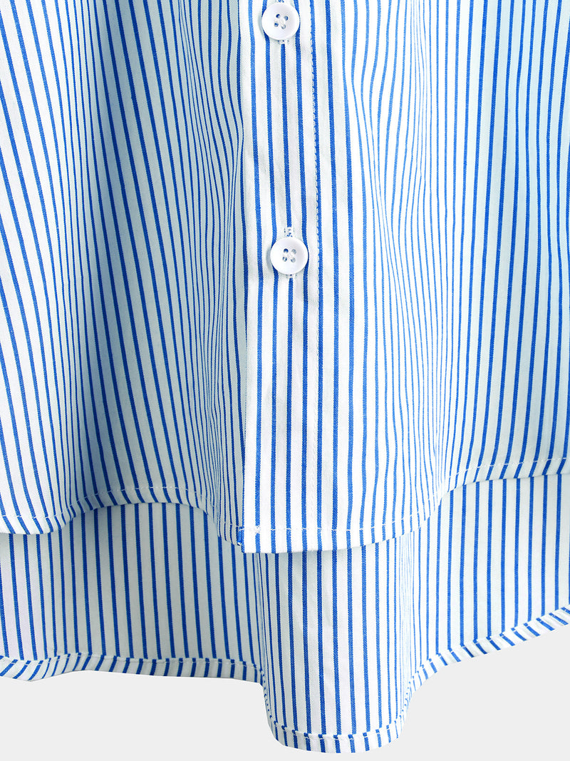 Men's Cotton  Breathable Stand Collar Short Sleeve Classic Vertical Striped Shirt &  Solid Color Short