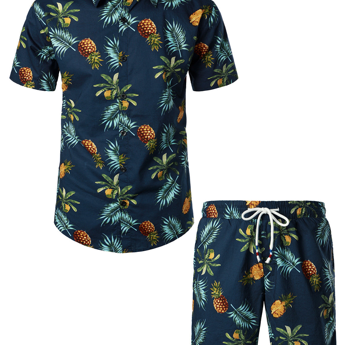 Men's Lemon Print Cotton Tropical Fruit Hawaiian Shirt and Shorts Set