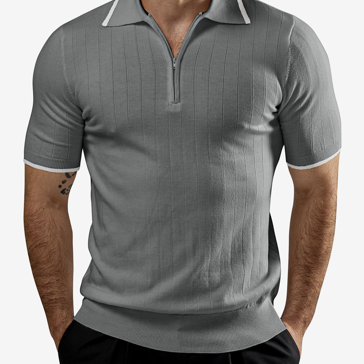 Men's Zipper Casual Short Sleeve Retro Knit Polo Shirt