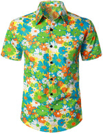 Men's Green Hawaiian Cute Floral Print 70s Themed Disco Party Cotton Cool Button Up Short Sleeve Shirt