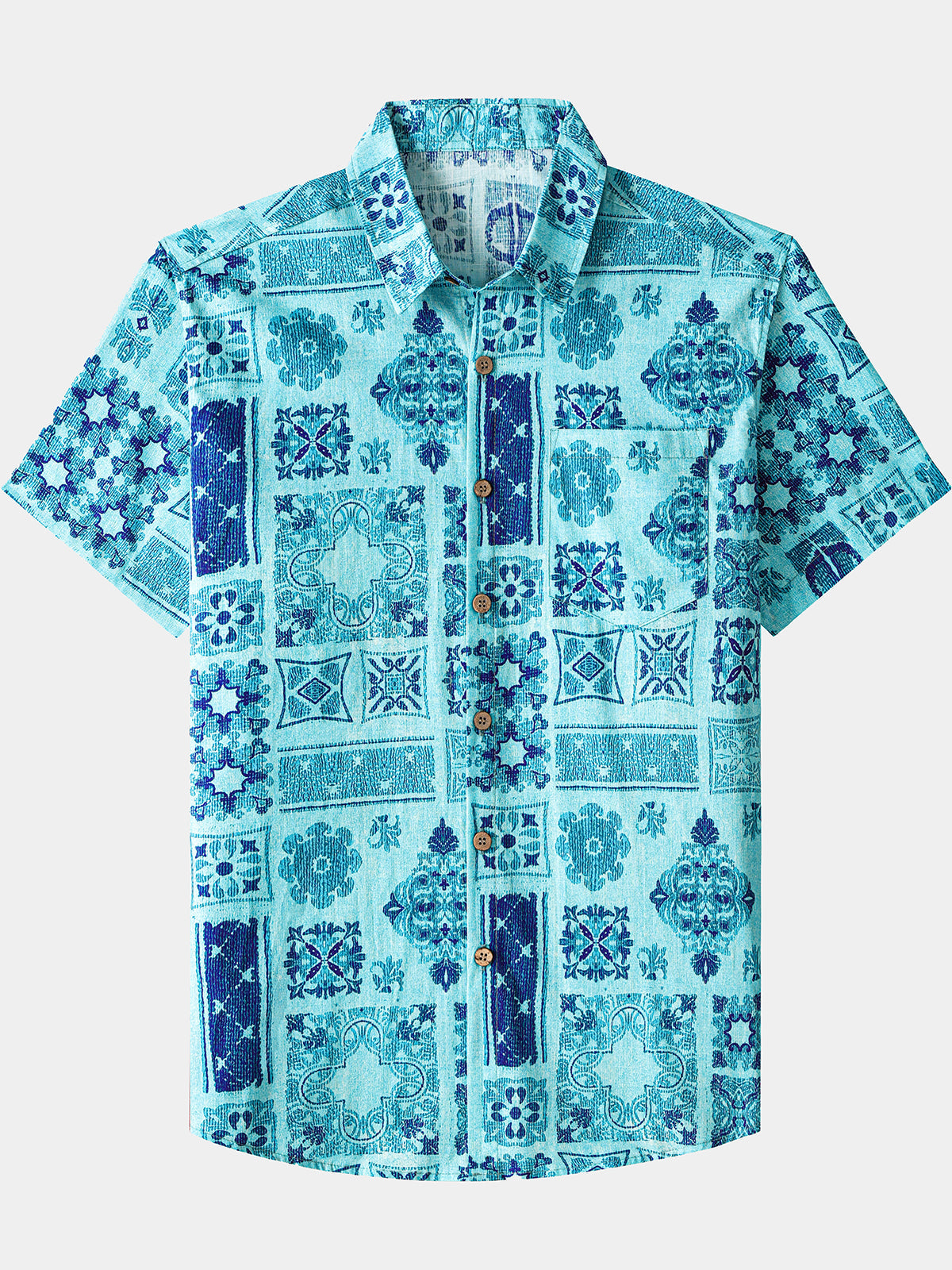 Men’s Retro Hawaiian Print Geometric Patchwork Cotton Breathable Resort Vacation Short Sleeve Shirt