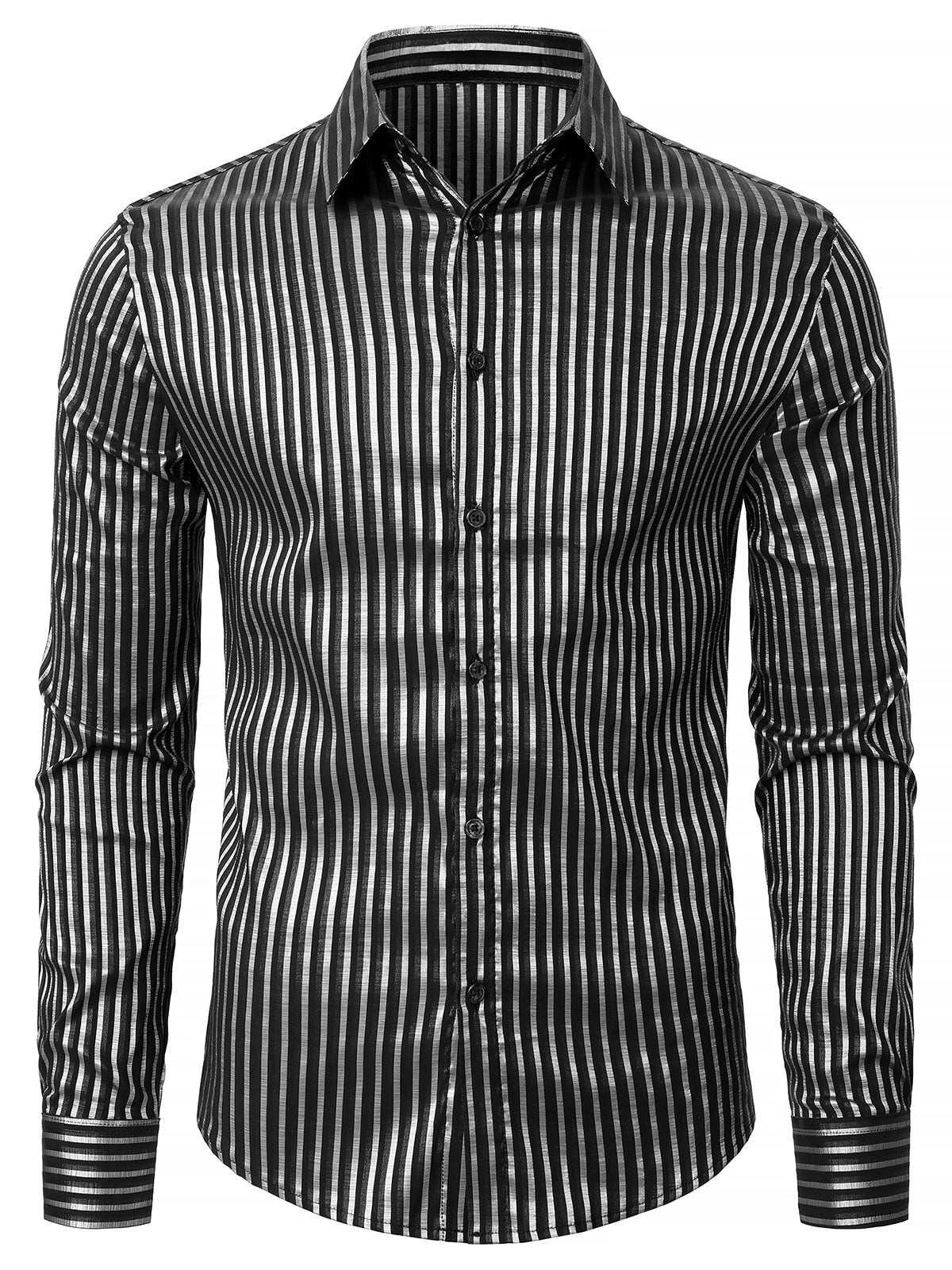 Men‘s Striped Textured Satin Party Slim Fit Wrinkle-Free Button Long Sleeve Shirt