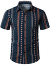 Men's Retro 70s Button Up Vintage Navy Blue Striped Beach Summer Short Sleeve Cotton Shirt