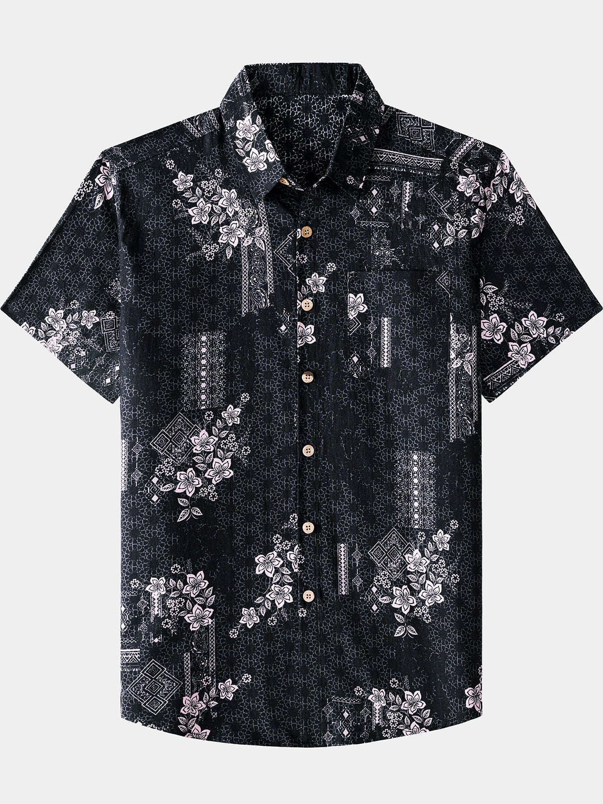 Men’s Vintage Hawaiian Print Geometry Cotton Cool Comfort Beach Party Holiday Short Sleeve Shirt