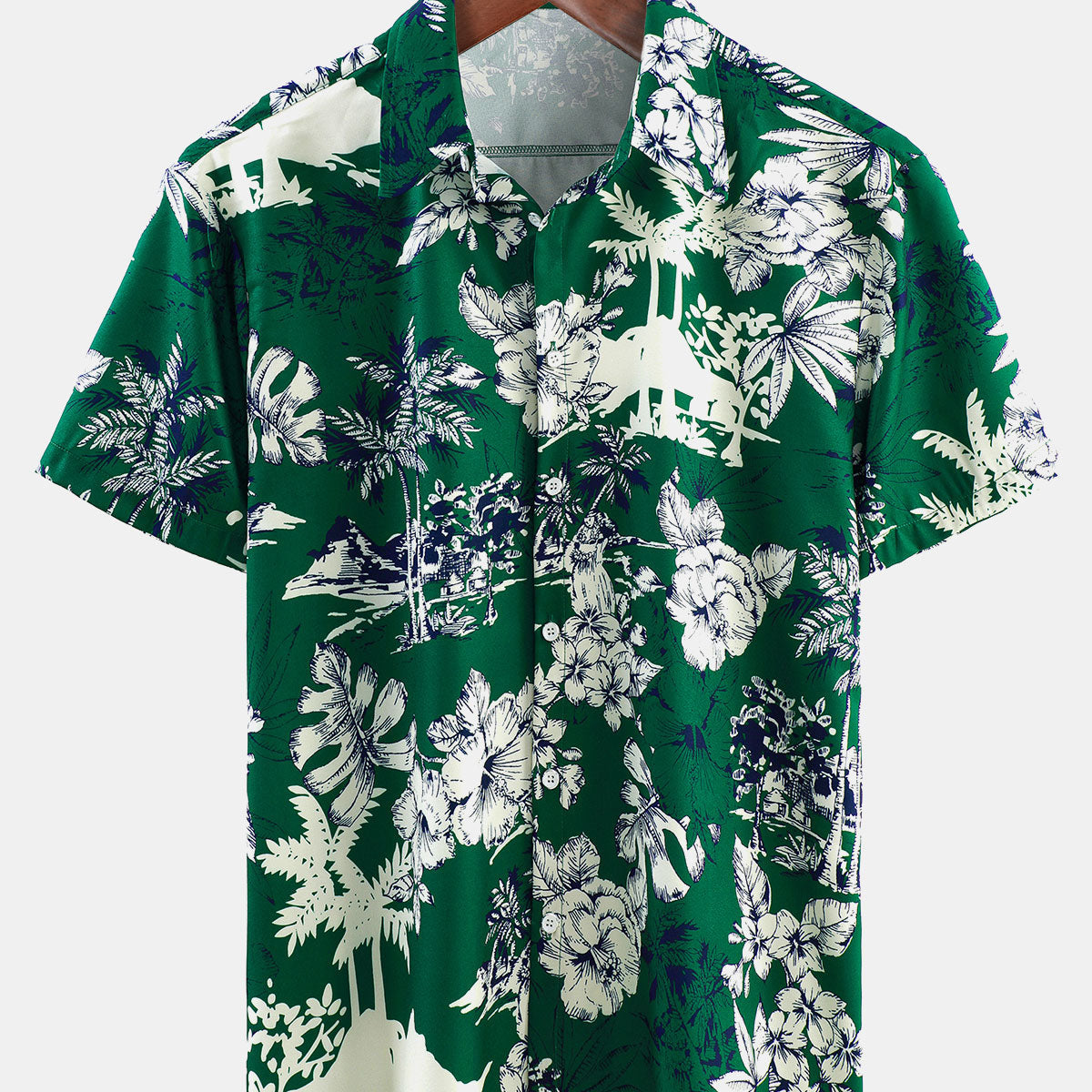 Men's Hawaiian Holiday Tropical Print Green Short Sleeve Shirt