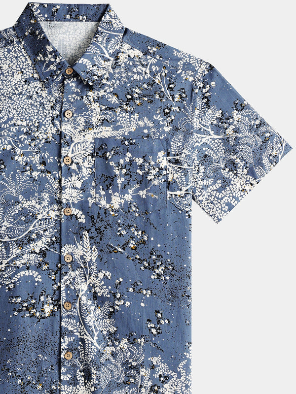 Men’s Artistic Floral Print Short Sleeve Button Up Breathable Cool Casual Shirt