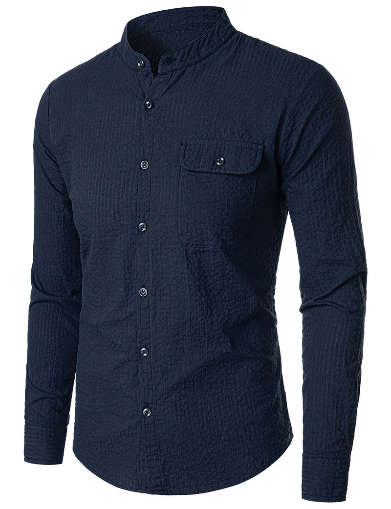 Men's Casual Henry Collar Solid Color Breathable 100% Cotton Pocket Long Sleeve Shirt