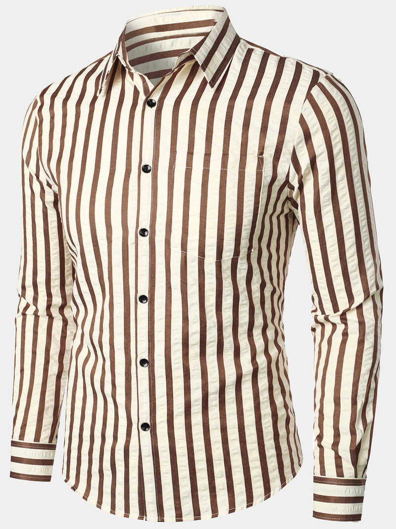 Men's Casual Striped Pocket Button Up Breathable Long Sleeve Shirt