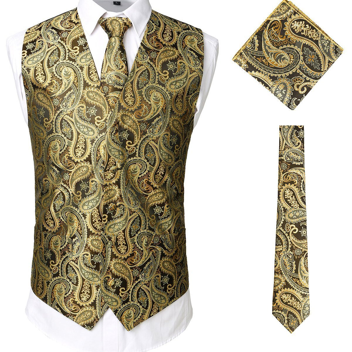 Men's Paisley Vest Necktie Square Pocket Handkerchief Set for Suit or Tuxedo