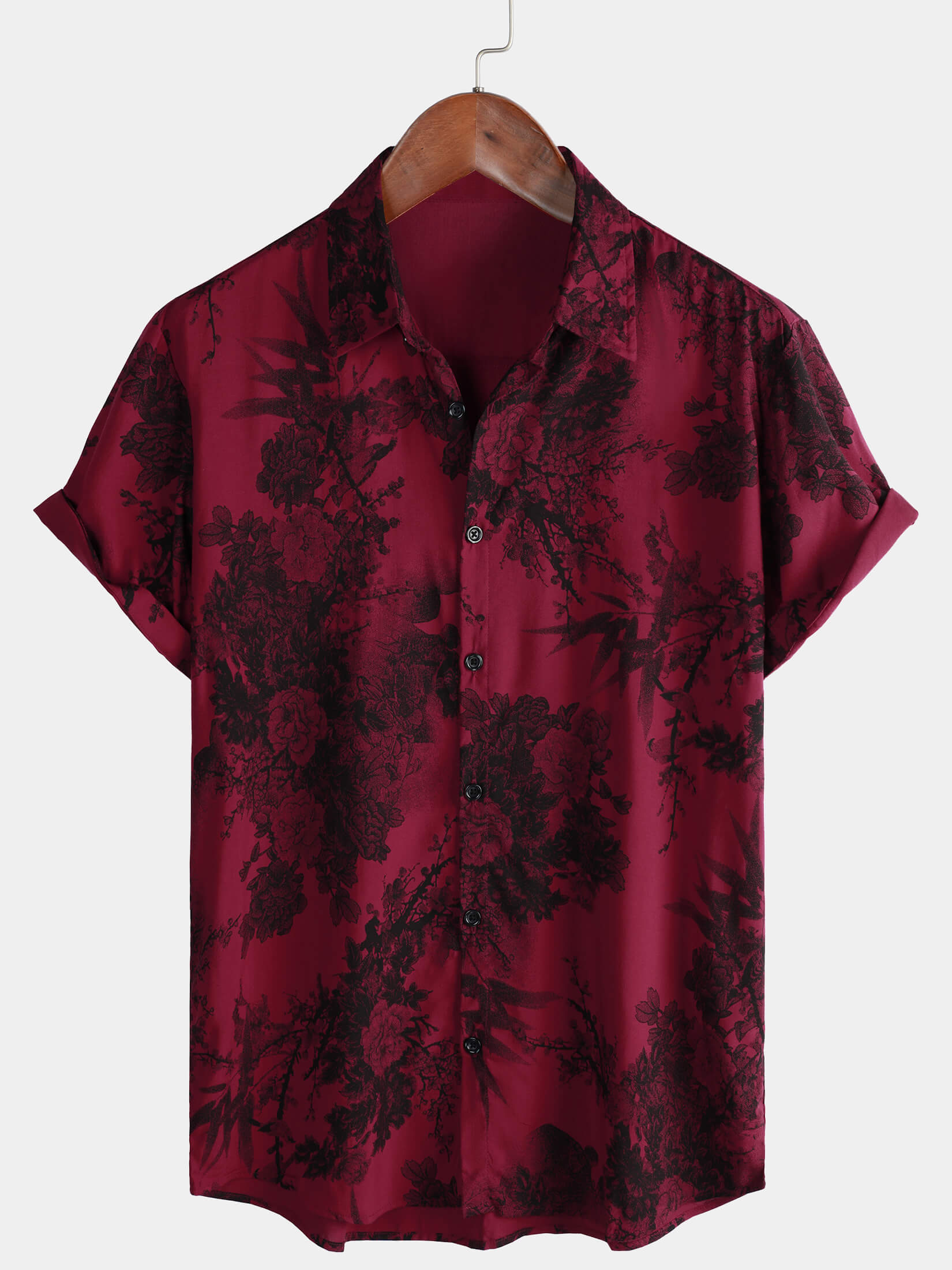 Men's Red Vintage Floral Summer Holiday Hawaiian Breathable Button Up Short Sleeve Shirt
