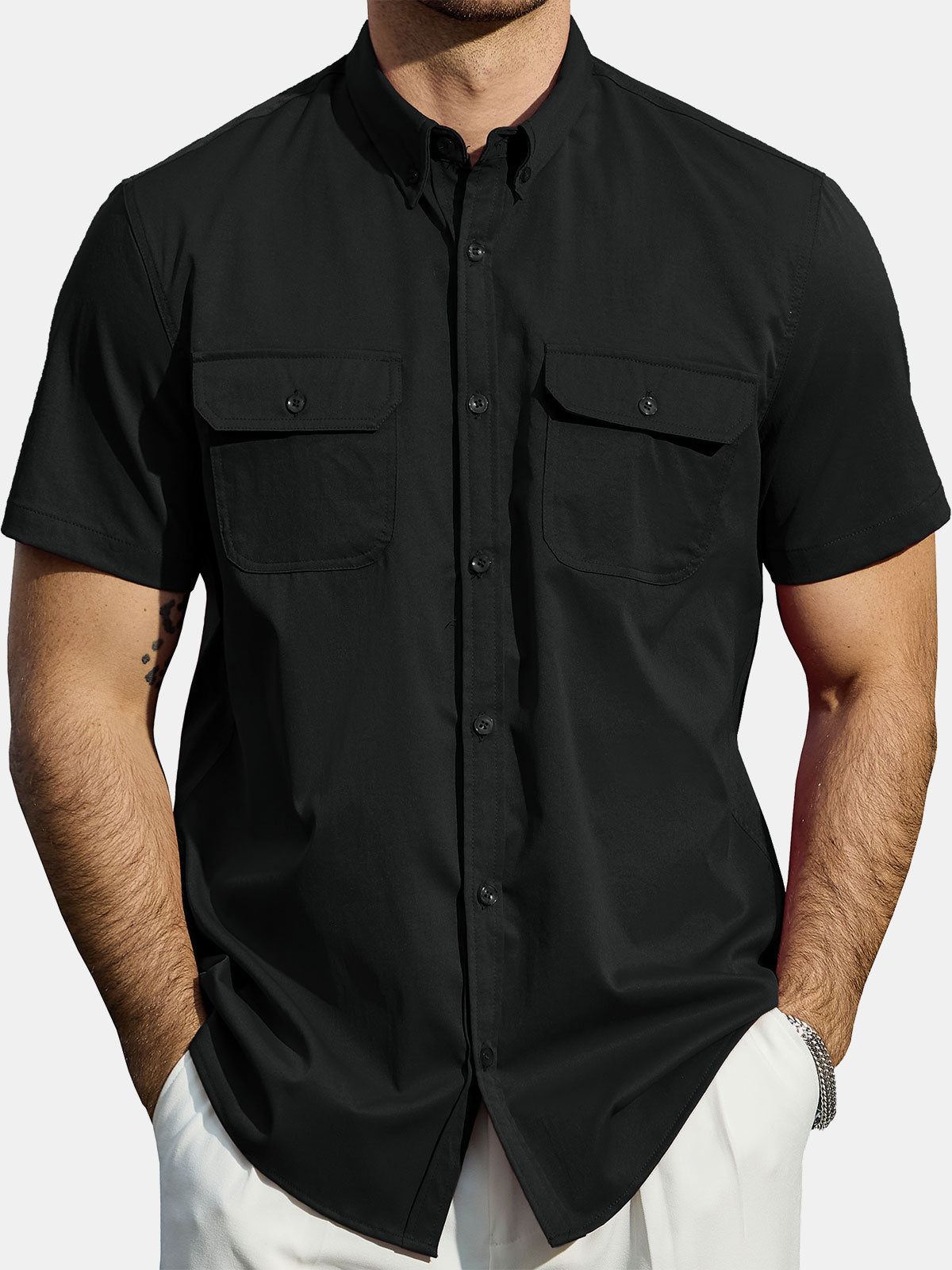 Men's Casual Solid Pocket Button Down Shirt