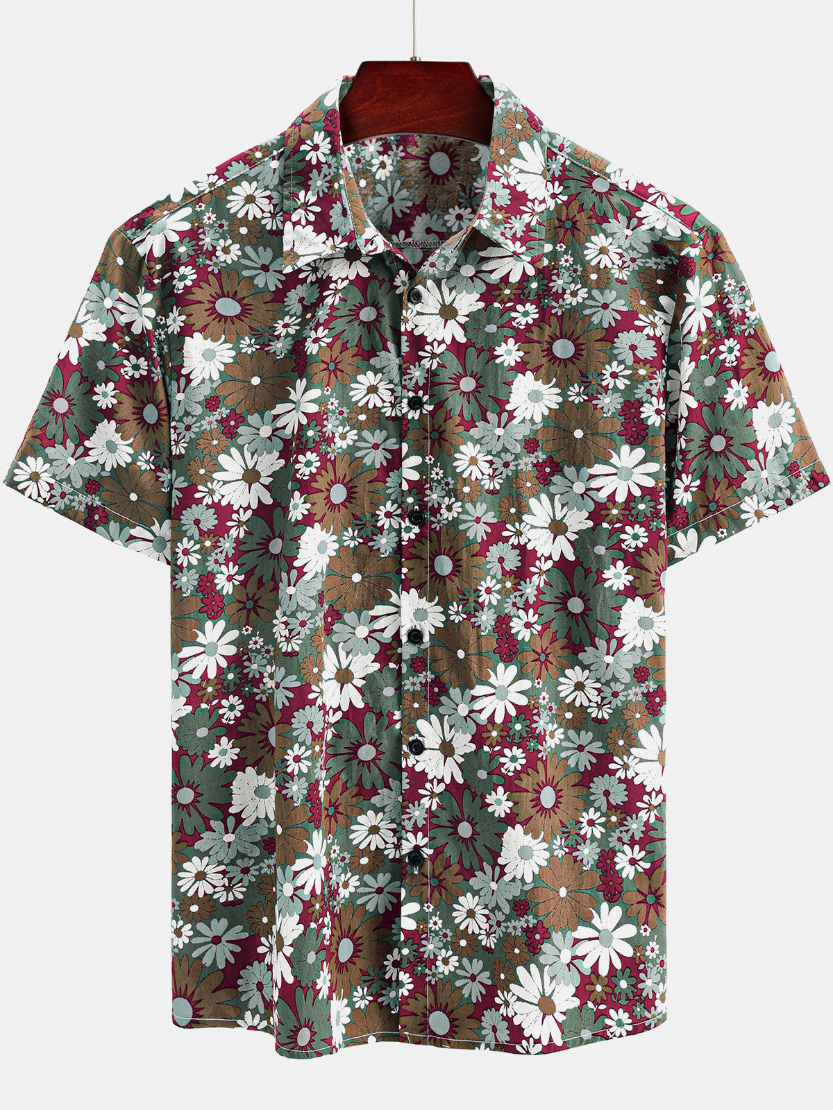 Men's Floral Casual Cotton Khaki Short Sleeve Hawaiian Shirt