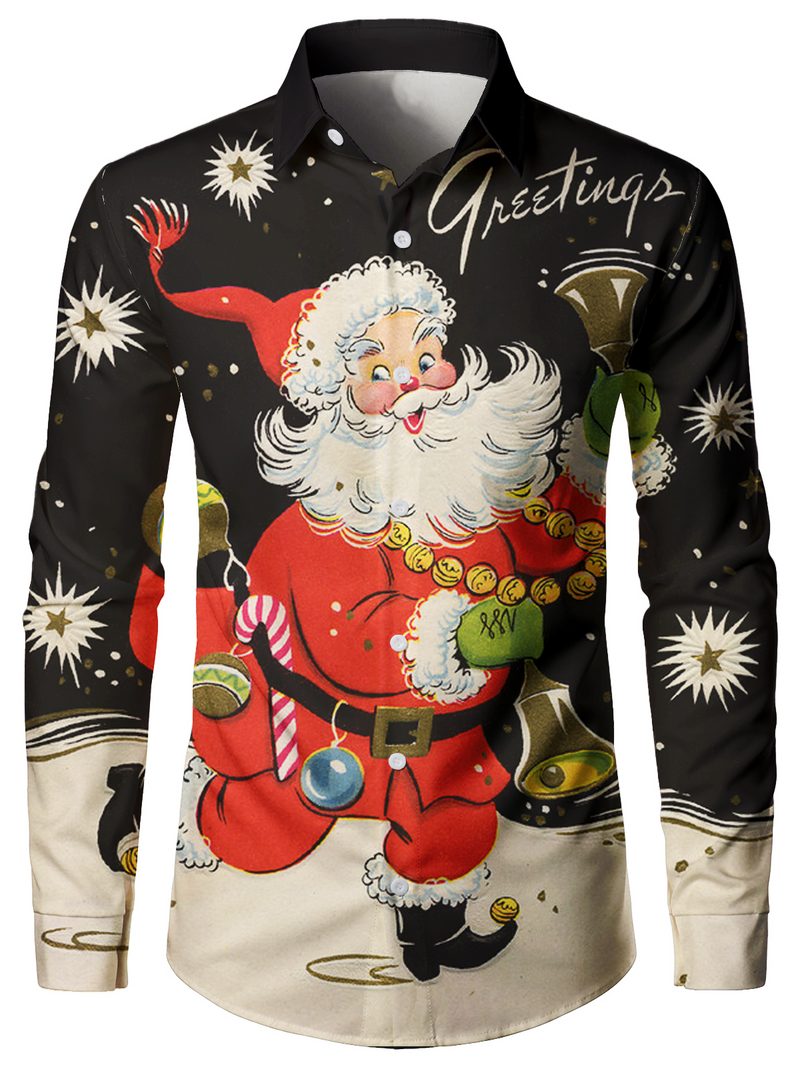 Bundle Of 2 | Men's Vintage Funny Christmas Santa Black Holiday Party Long Sleeve Shirts