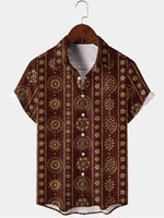 Men's Vintage Brown Floral Striped Flower Sun Print Button Up Casual Top Short Sleeve Shirt
