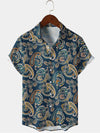 Men's Paisley Casual Vintage Print Button Up Navy Blue Short Sleeve Shirt